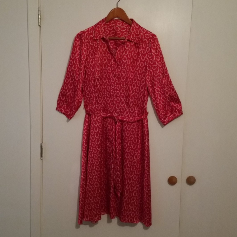 Beautiful Red Dress with White Circle Design.